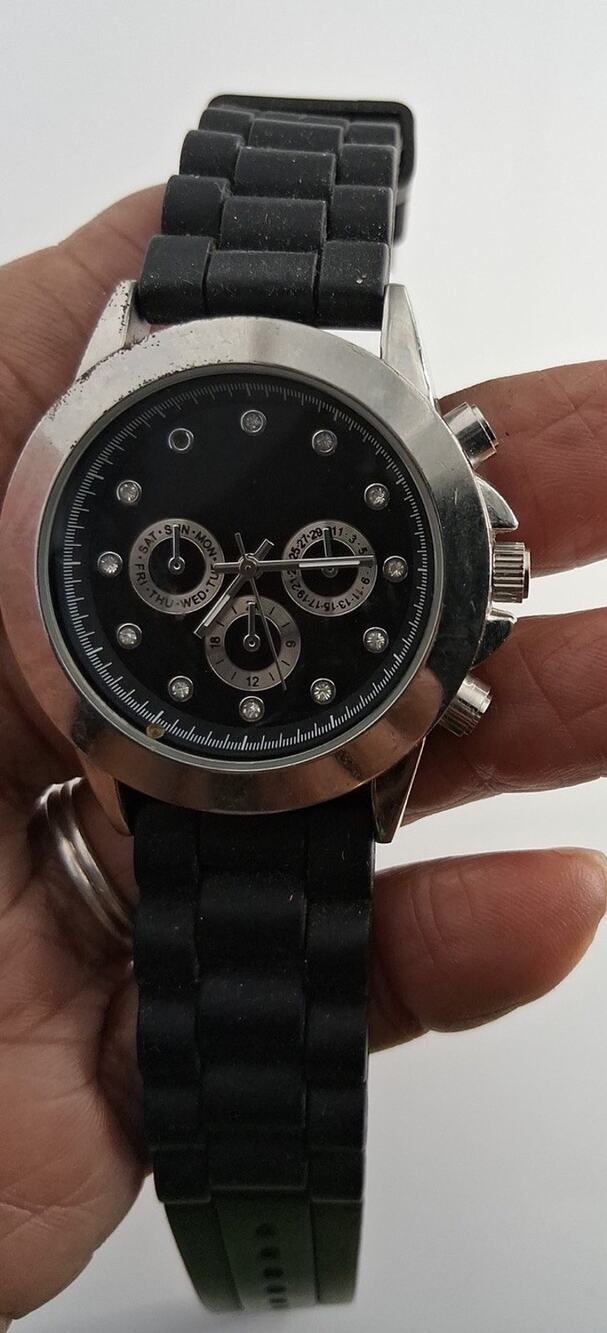 Accutime Silver Tone Black Dial Faux Chrono Silicone Rubber Strap Mens AW1311